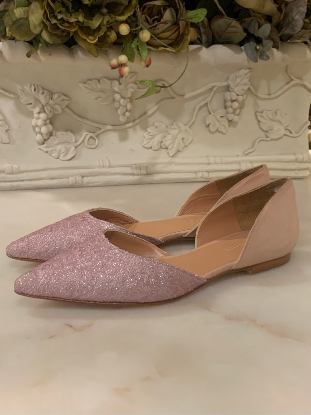 undance Fontainebleau D'Orsay Flats in a textured blush pink lace colorway